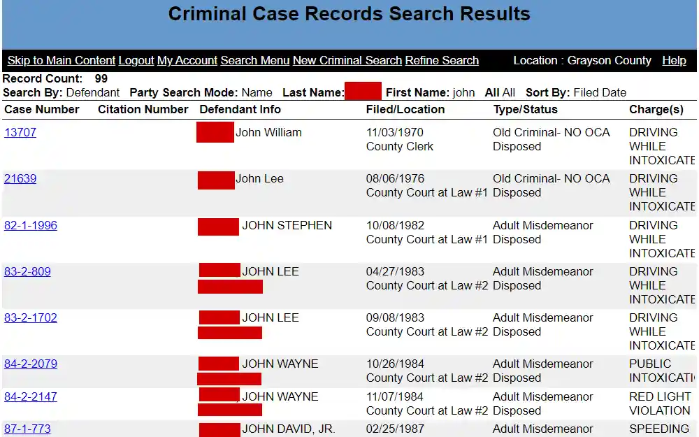 A screenshot of the Criminal Case Records Search Results includes the case and citation no., defendant info, filed/location, type/status, and charge(s).