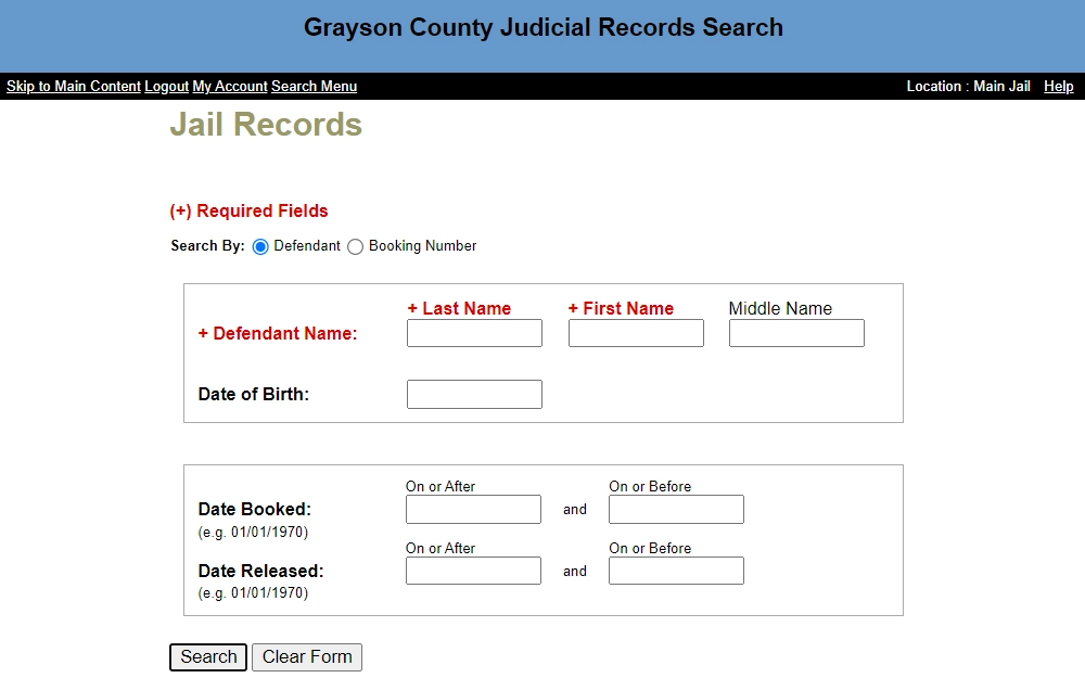 A screenshot of the Grayson County Judicial Records Search page showing the required fields to search, which includes the defendant's first and last name; the searcher can fill out the additional fields such as middle name, DOB, date booked and released date for a more precise search.