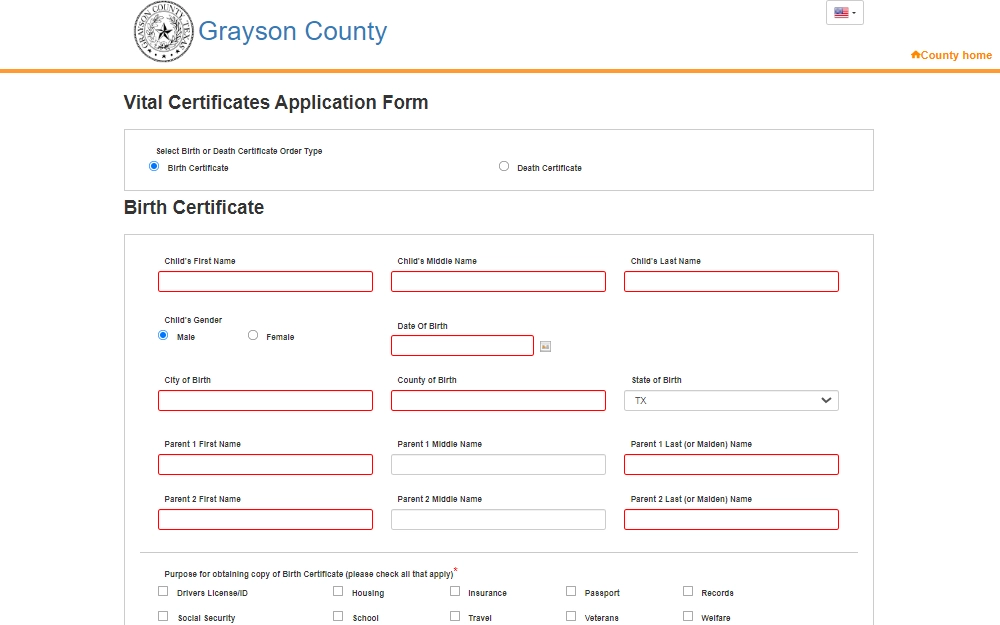 A screenshot of the form for applying for vital certificates in Grayson County, specifically birth and death documents, with the fields needed to complete the application, including the County's logo at the top left corner.