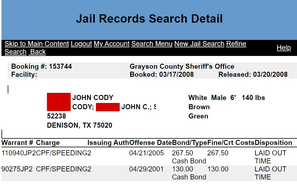 A screenshot of the search result from the Grayson County Judicial Records Search shows the offender's details, including full name, booking no., date booked and release, and offense information.