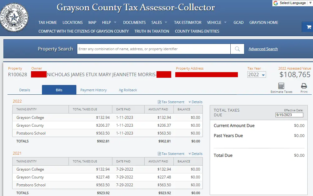 An image from the Grayson County Tax Assessor-Collector page shows the results from a property search and includes the property information, such as owner, address, and tax details.