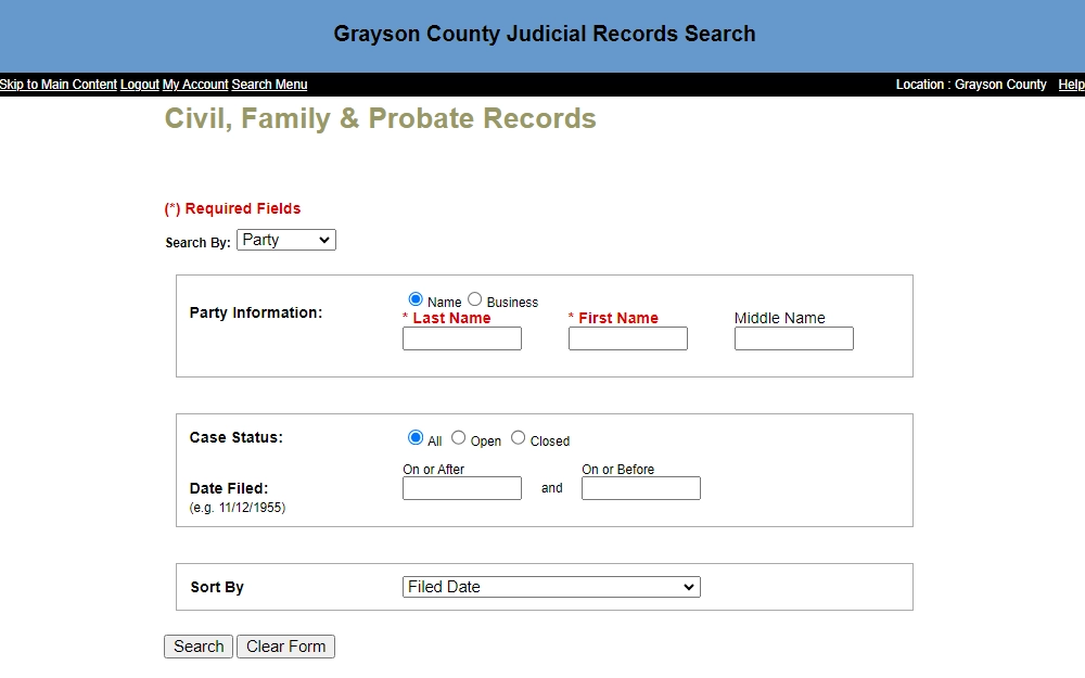 A screenshot of the Grayson County Judicial Records Search Portal showing the Civil, Family & Probate Records search tool where the searchers may find a record by providing the party information like the first and last name.