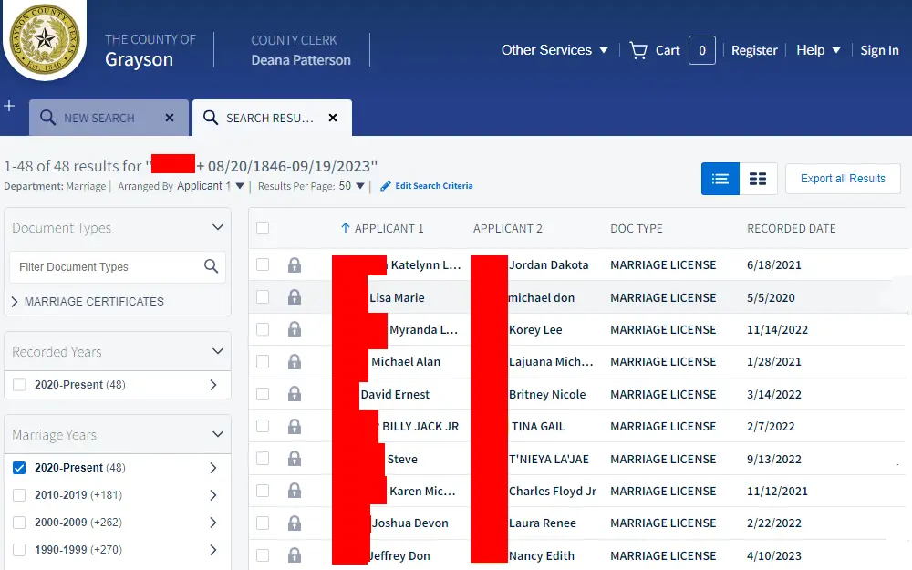 A screenshot showing a marriage search results list from the search done through the Official Records Search portal maintained by the Grayson County Clerk's Office displaying summary information such as the applicant 1 and 2 names, doc type, recorded date, and more.
