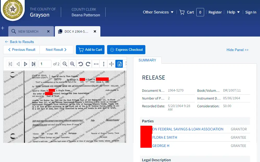 A screenshot of a real property document preview taken from the search done through the Official Records Search portal of the Grayson County Clerk's Office.