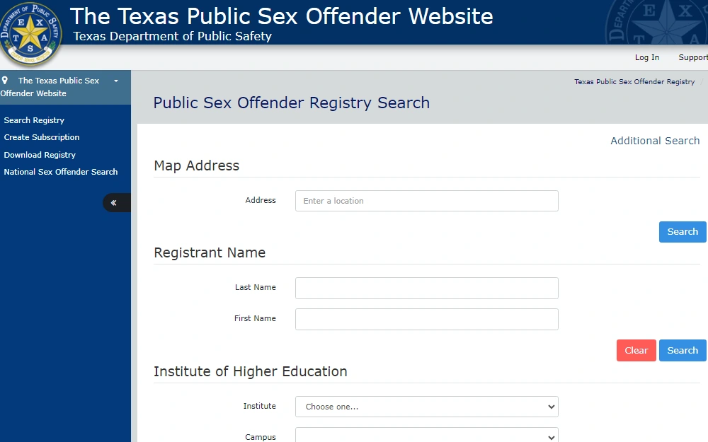 A screenshot of the Public Sex Offender Registry Search tool of the Texas Department of Public Safety that can be searched by entering either the Map Address, the Registrant Name, or the Institute of Higher Education information.