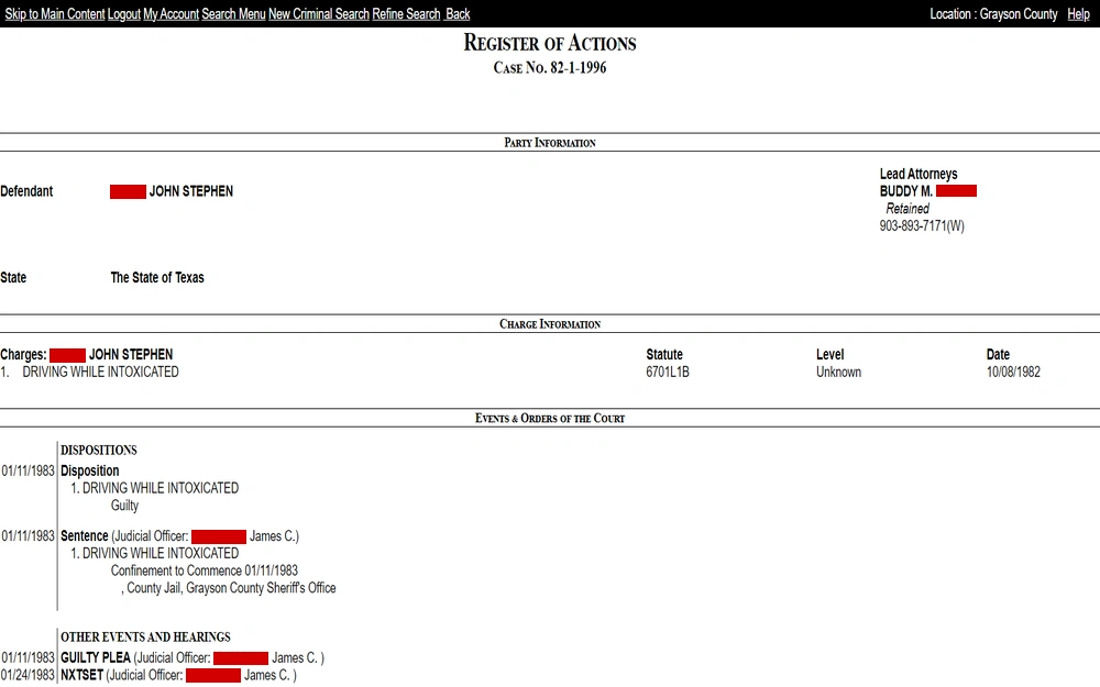 A screenshot of a legal document detailing the defendant's name, representation, charges, and court activity, including the verdict and sentence date related to a driving infraction.