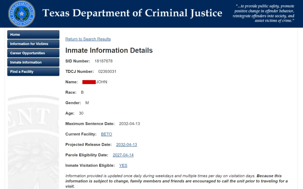 A screenshot of state department of criminal justice, providing detailed information on an inmate's identification numbers, demographic data, incarceration details, and eligibility for visitation and parole.