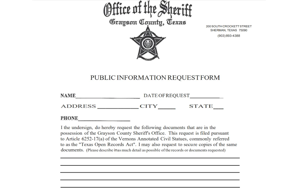 A screenshot of official form used to request access to documents held by a sheriff's office, following the guidelines of a state's open records law.