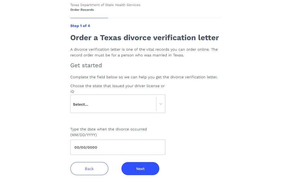 Screenshot of the first step of ordering a divorce verification letter through the Texas Department of State Health and Human Services prompting users to provide a proof of identity in the form of a driver's license or ID, along with the date of the divorce occurrence.