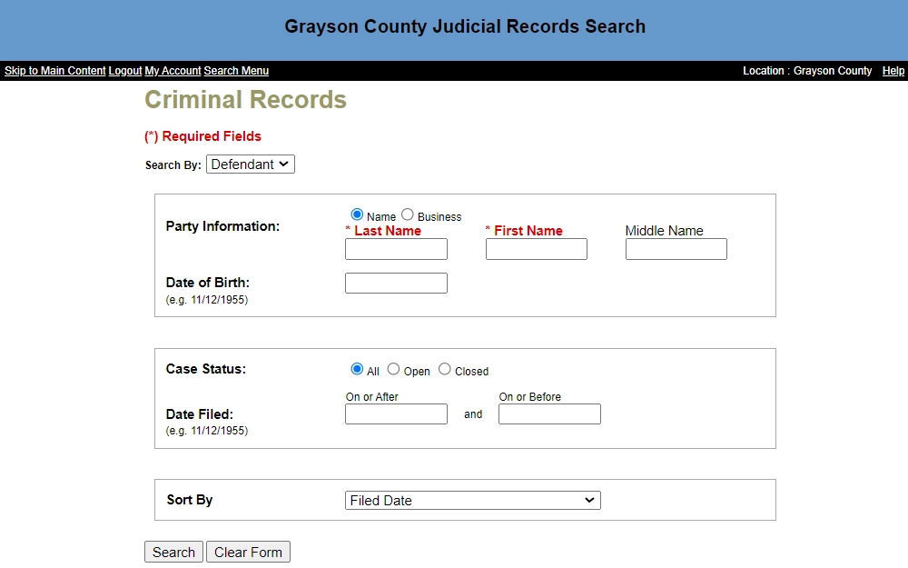 Screenshot of the judicial records search tool from Grayson County with fields for first, middle, and last names, date of birth, case status, date filed range, and sorting options.