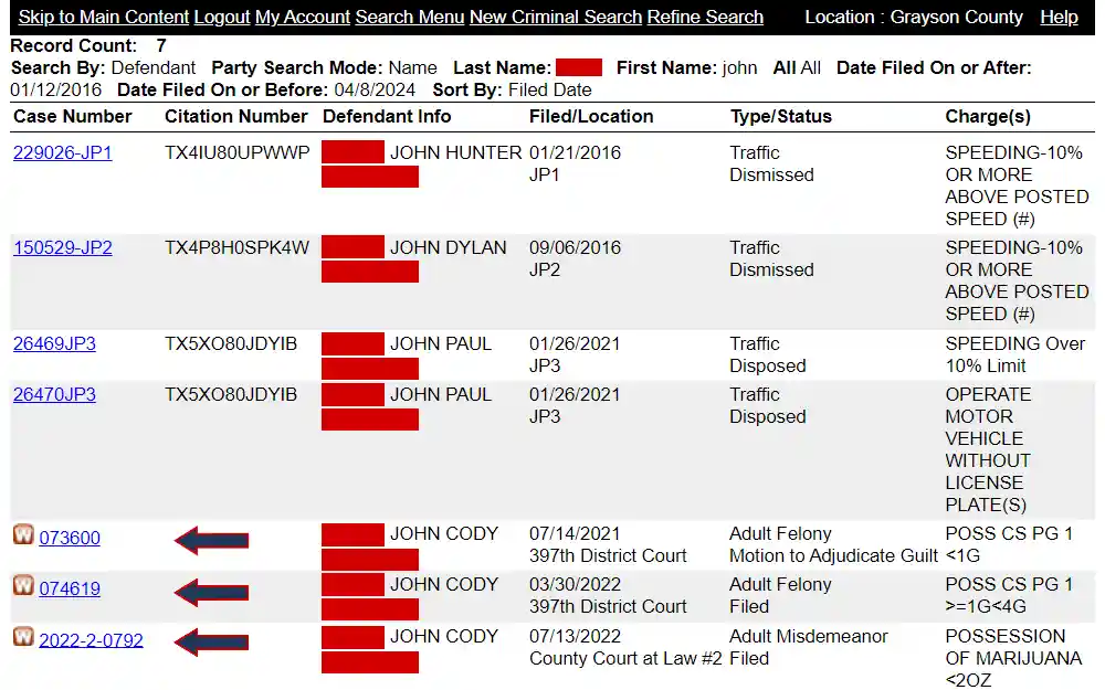 Screenshot of the results from the judicial records search of Grayson County, listing the case number, citation number, defendant name, birthday, filed date, location, case type, status, and charges, with the orange "W" icons for cases with warrants issued.