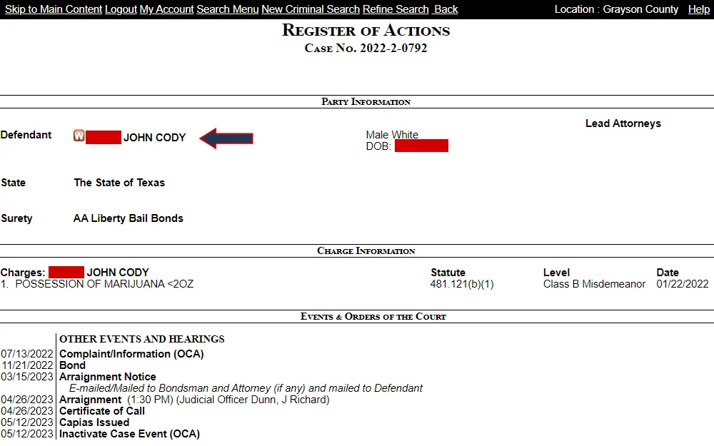 A screenshot from the Gray County Court's judicial records search displays a case detail's register of actions, including the case number, name of defendant, sex, race, date of birth, state, surety, charges, statute, level, date of offense, and the date and description of events and orders of the court.