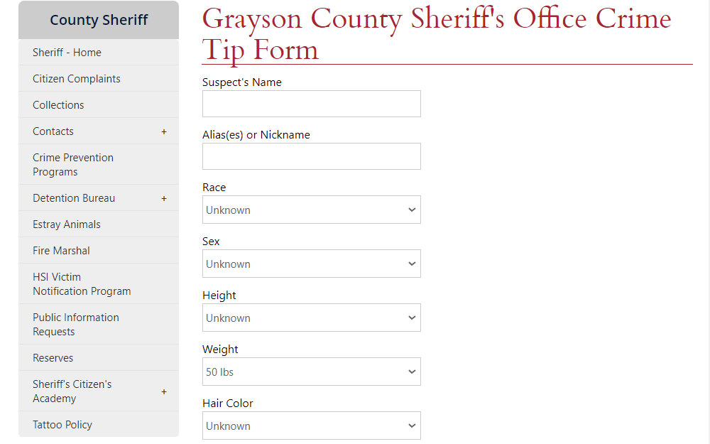 A screenshot from Grayson County Sheriff's Office displays the provided tip form, showing fields for the suspect's name, alias or nickname, race, sex, height, weight, and hair color, with the left side panel containing other relevant links under the department.