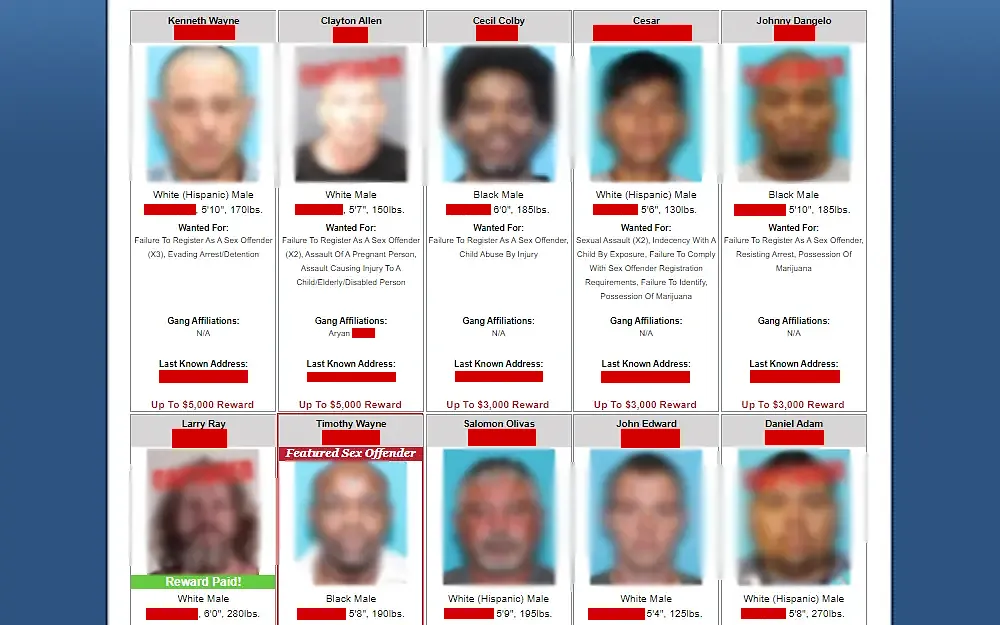 A screenshot of the Texas 10 most wanted sex offender with their mugshots, full names, rewards, wanted reasons, gang affiliations, and last known address.