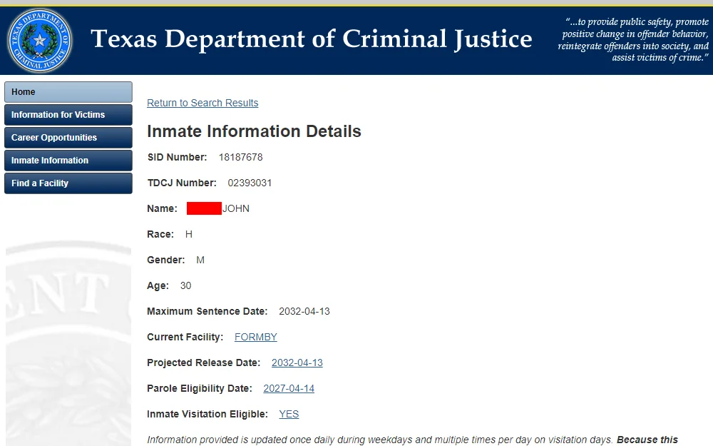 A screenshot showing an inmate's information such as their full name, age, physical description, current facility, maximum sentence date, projected release date, parole eligibility date, and other data from the Texas Department of Criminal Justice's website.